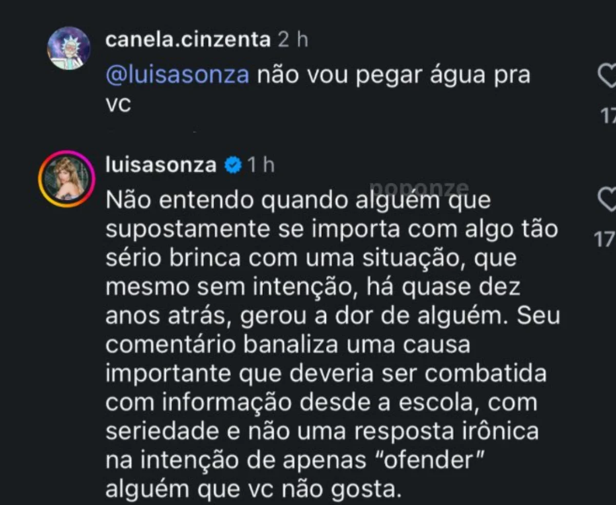 Comentário de Luísa Sonza após internauta relembrar, em tom irônico, caso de racismo. Comentário de Luísa Sonza após internauta relembrar, em tom irônico, caso de racismo.