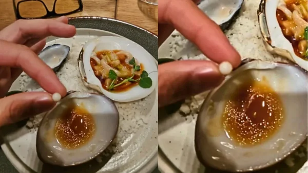 Montagem de duas fotos com imagens da pérolas encontradas por homem durante jantar