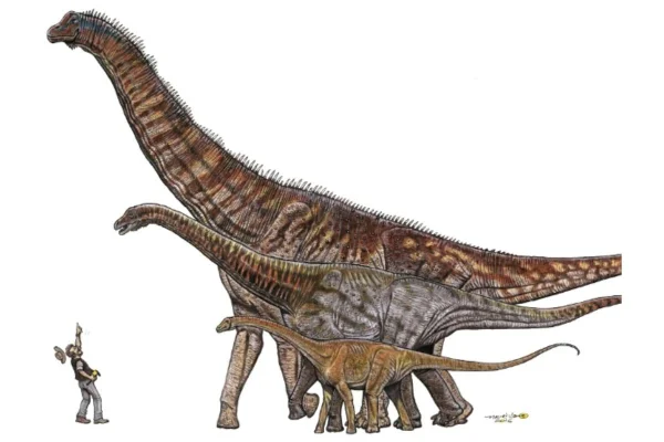 Ilustração colorida mostra homem pequeno ao lado de espécie de dinossauro - Metrópoles