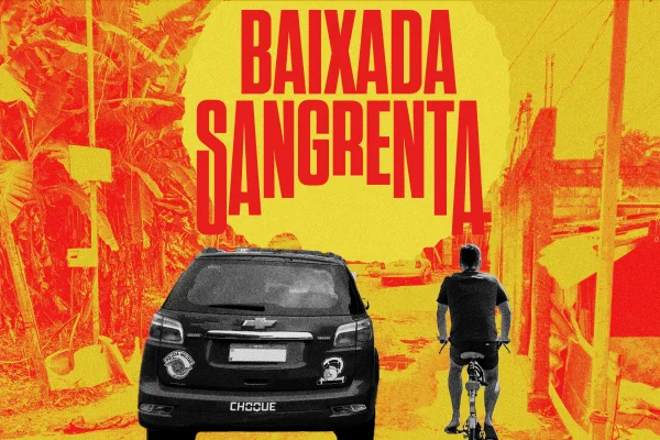 montagem de homem andando de carro ao lado de uma viatura na baixada santista