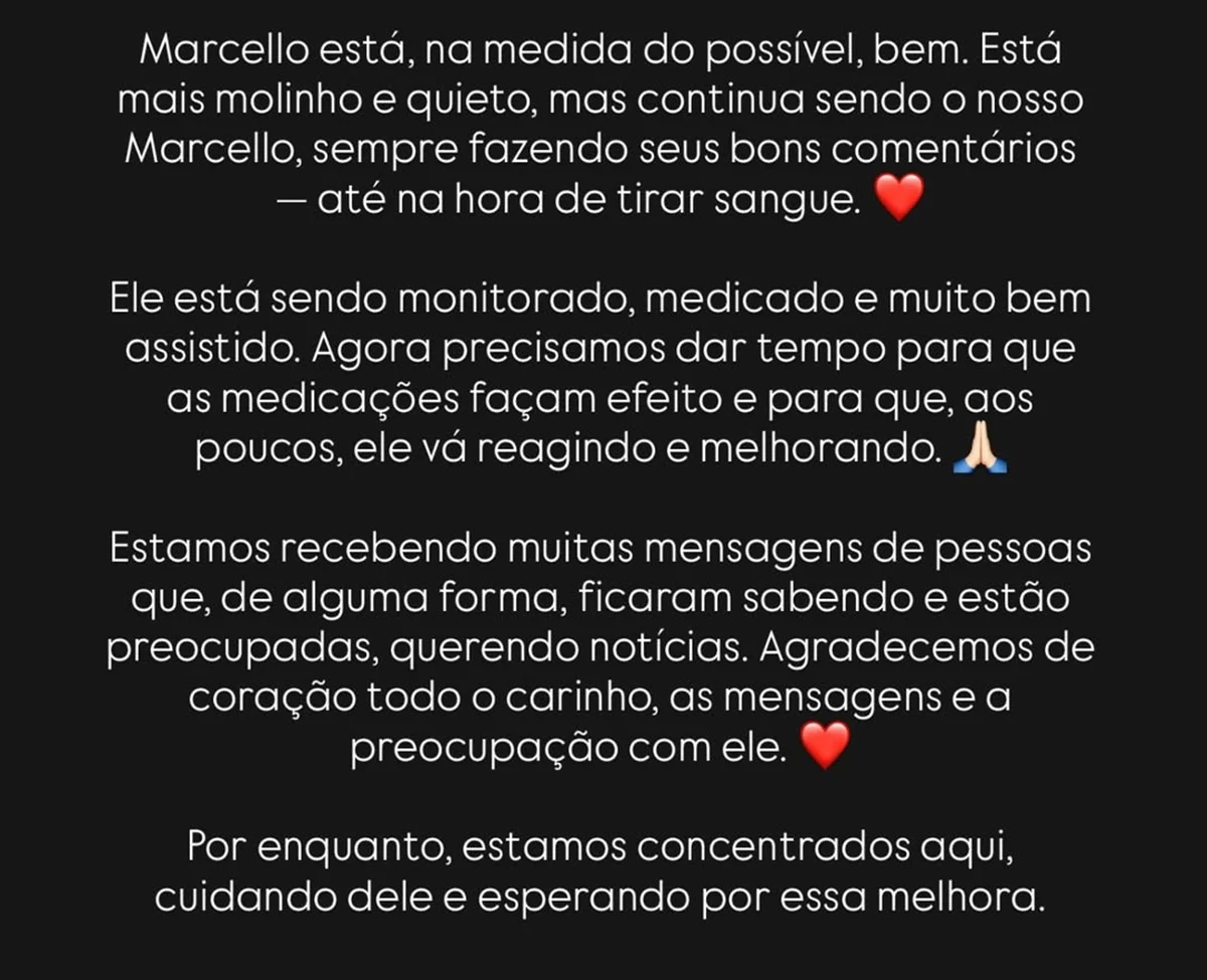 Mãe de Marcello Meninim atualizou seu estado de saúde Mãe de Marcello Meninim atualizou seu estado de saúde