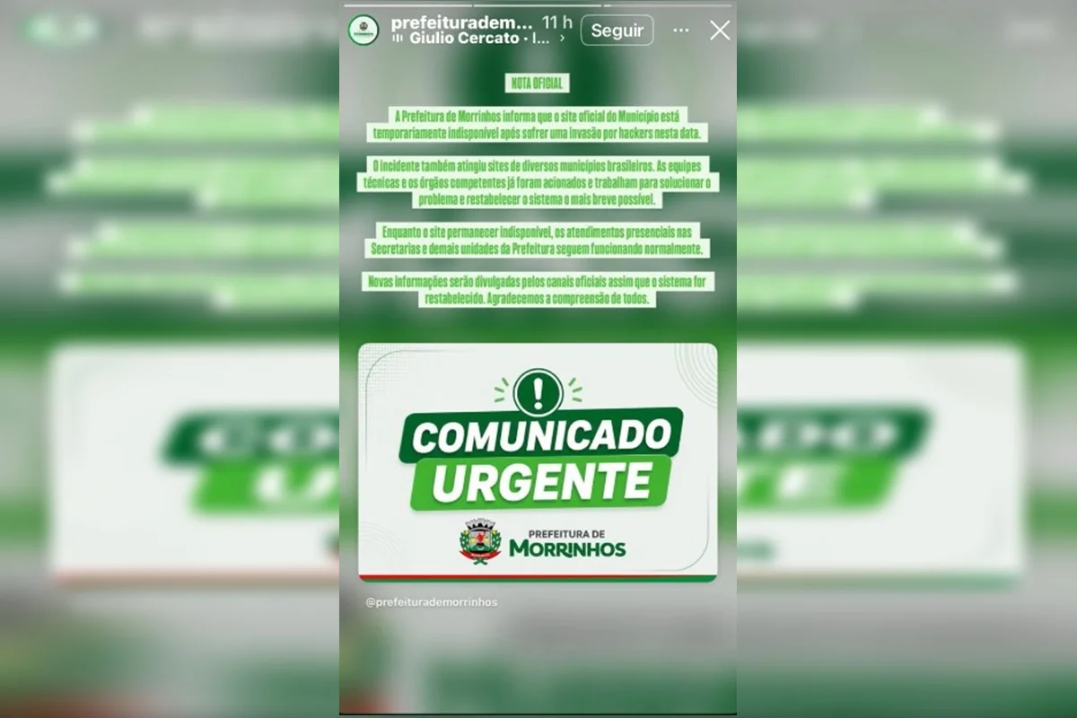 Nota da Prefeitura de Morrinhos (GO) sobre a indisponibilidade do sistema Nota da Prefeitura de Morrinhos (GO) sobre a indisponibilidade do sistema