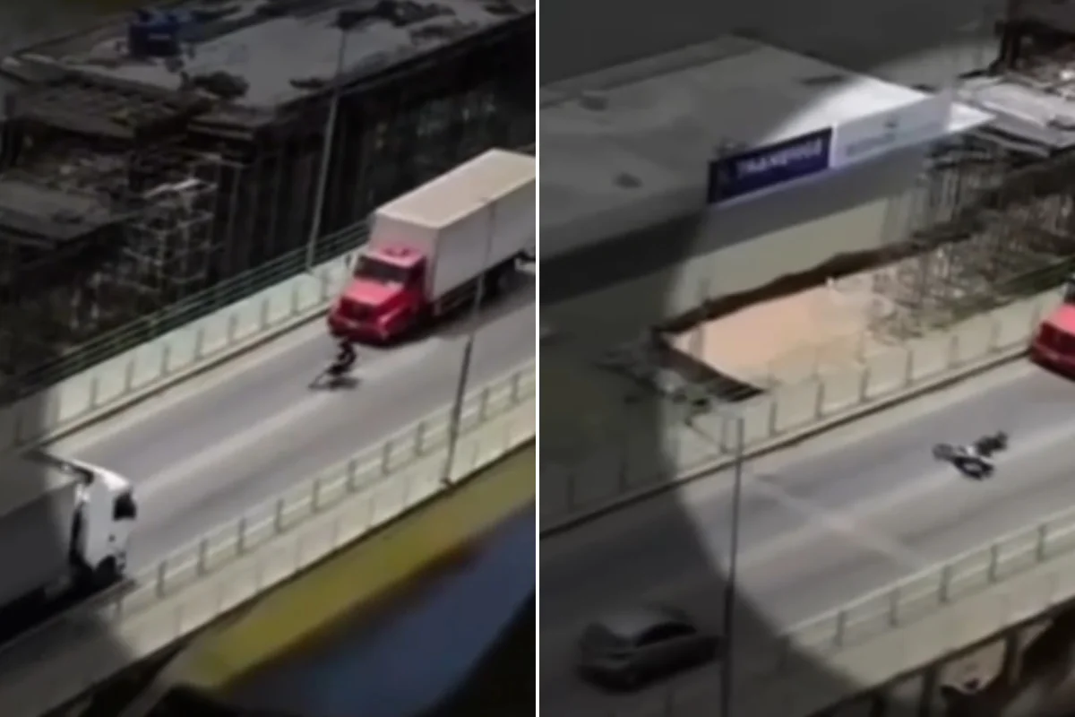 Drone flagra motociclista caindo na frente de caminhão em MG