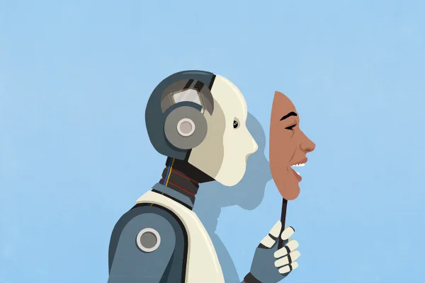 Ilustração colorida mostra robô colocando "face" de humano - Metrópoles