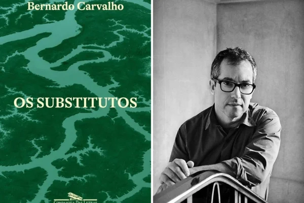 Montagem com fotos da capa do livro "Os substitutos" e de seu autor, Bernardo Carvalho