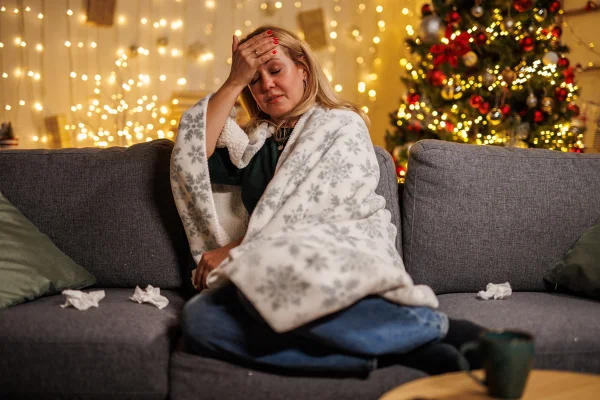 Imagem mostra mulher loira sentada no sofá com dor de cabeça e gripe. Ela está em uma sala decorada para o Natal - Metrópoles