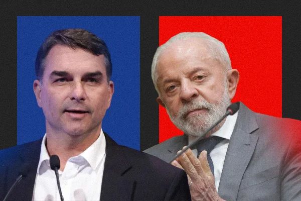 Imagem colorida mostra Flávio e Lula - Metrópoles