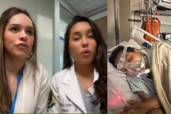 Imagem colorida de montagem de alunas e paciente transplantada no HC da USP. Metrópoles