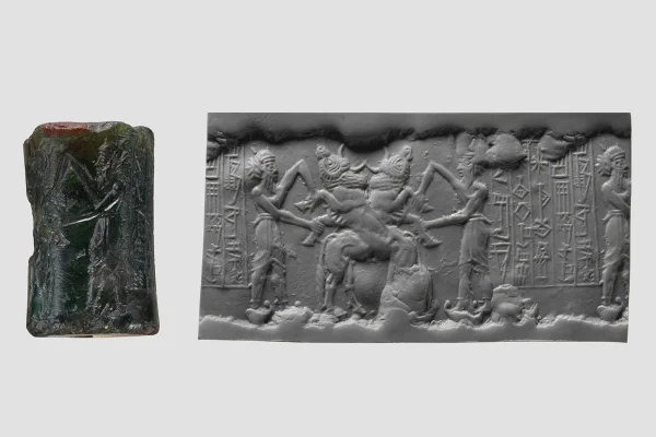 Um selo cilíndrico acádio, datado de aproximadamente 2350-2150 a.C