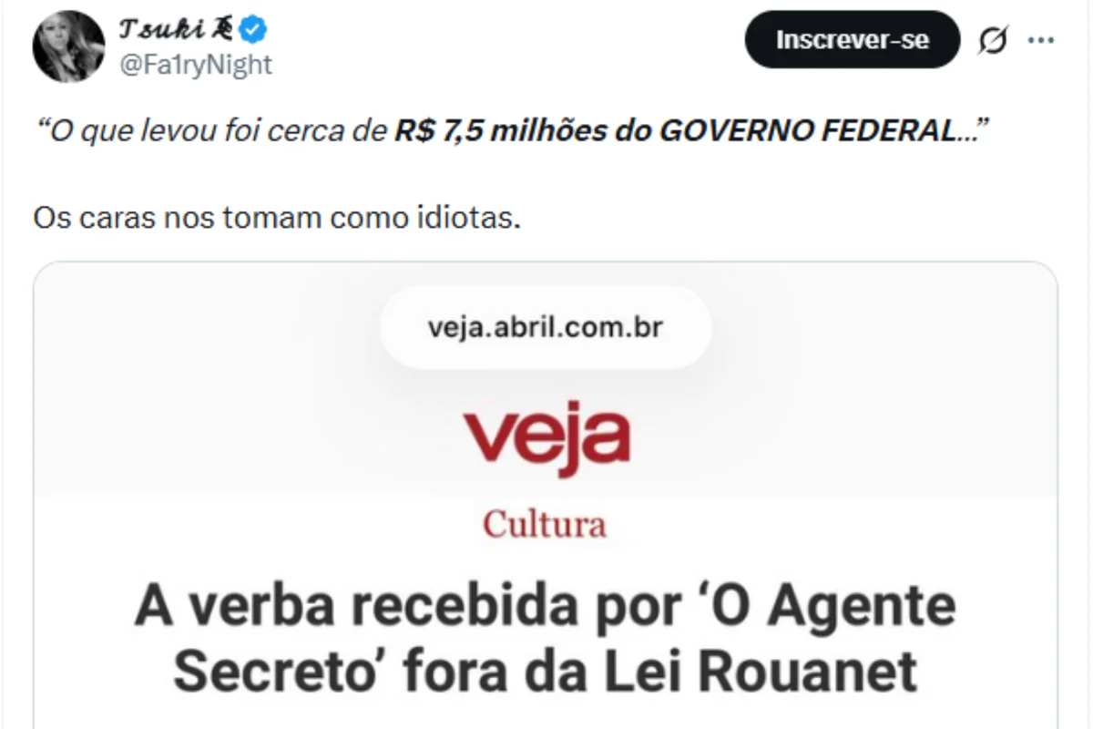 Print de publicação criticando a produção do filme Agente Secreto Print de publicação criticando a produção do filme Agente Secreto