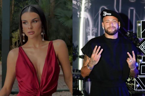 foto colorida de mulher de cabelos escuros posando séria e neymar de preto - metrópoles
