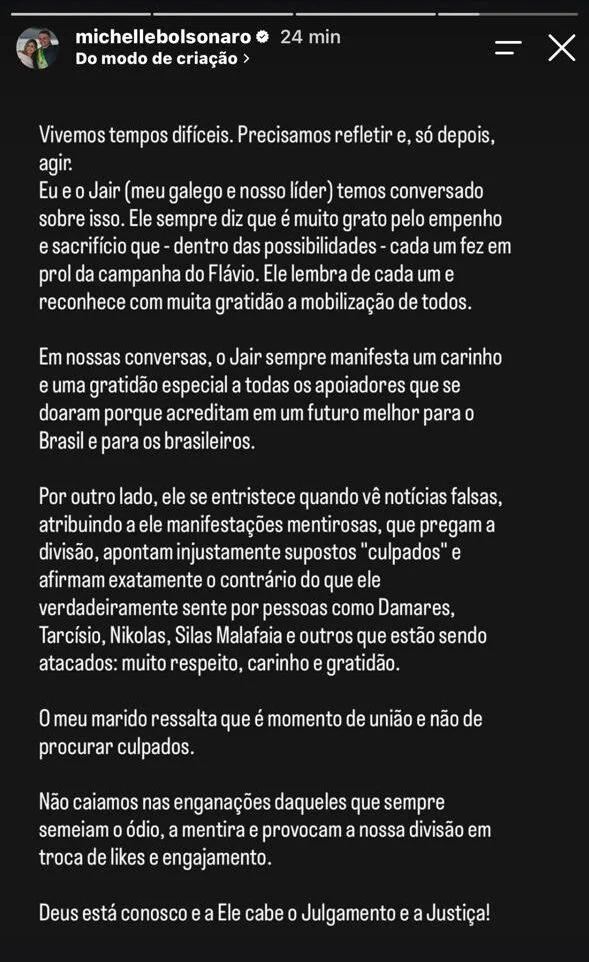 Bolsonaro agradece “sacrifício em prol da campanha de Flávio”, diz Michelle - imagem 1 Bolsonaro agradece “sacrifício em prol da campanha de Flávio”, diz Michelle - imagem 1
