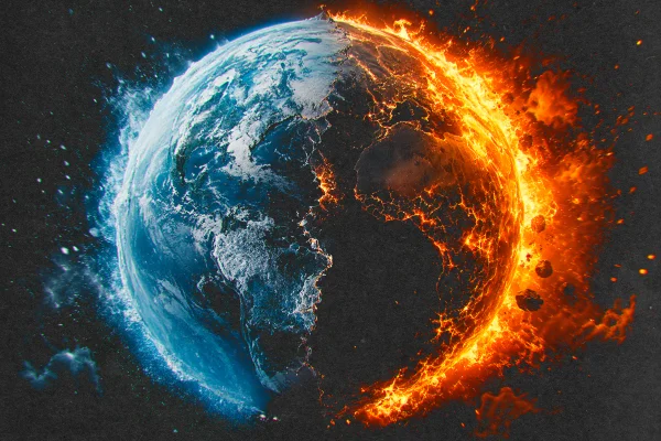 Ilustração no planeta Terra, metade congelado e metade pegando fogo. Grandes extinções que ocorreram na história. Metrópoles