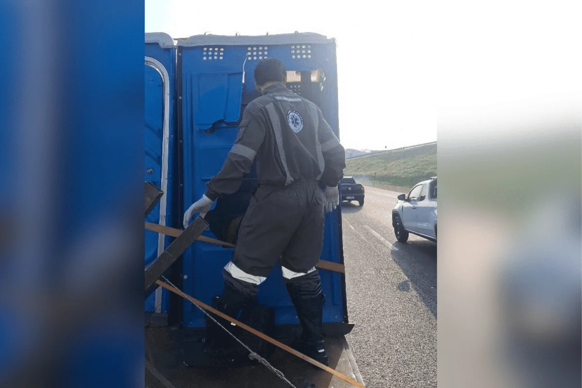 Jovem não percebeu o trânsito parar e foi arremessado para dentro da cabine de um banheiro químico após a colisão Jovem não percebeu o trânsito parar e foi arremessado para dentro da cabine de um banheiro químico após a colisão