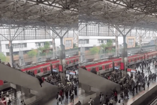Imagem colorida de passageiros pulando escada rolante da estação Brás da CPTM - Metrópoles