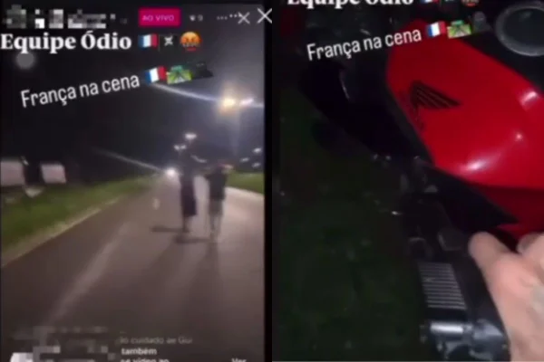 A transmissão ao vivo registrou o momento em que duas pessoas assaltaram um motociclista à mão armada em uma rodovia de Bertioga, no litoral - Metrópoles