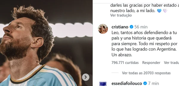Cristiano Ronaldo exalta Messi após despedida da seleção argentina - destaque galeria Cristiano Ronaldo exalta Messi após despedida da seleção argentina - destaque galeria