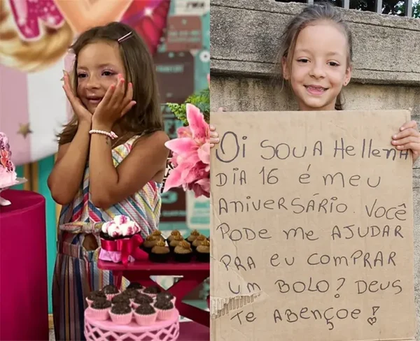 Imagem de uma criança segurando uma placa feita de papelão, com os dizeres pedindo um bolo de aniversário - Metrópoles