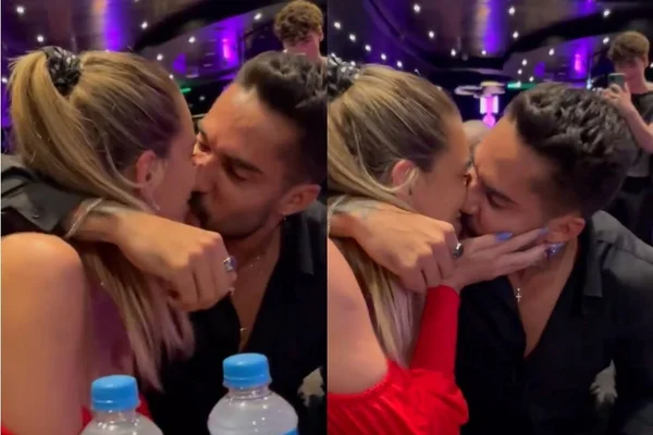 A foto colorida mostra Erika Schneider e Bil Araújo se beijando