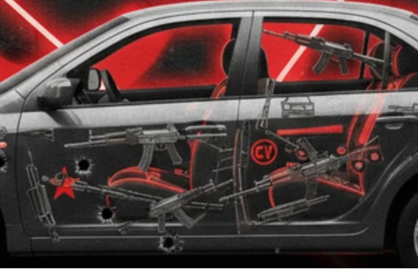 Arte gráfica de carro com transparência, de lado, em cujas postas estão fuzis - Metrópoles