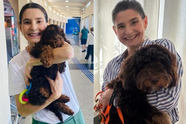 Mariella e o cachorro Luca. A foto da esquerda mostra Mariella no dia que ela comprou e na foto da direita, o cão já com 7 meses. Metrópoles