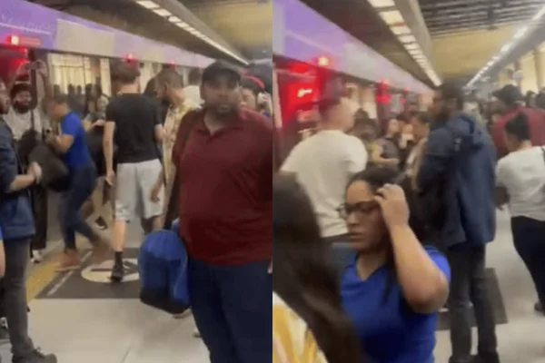 Colagem colorida de passageiros com tosse e coceira nos olhos em plataforma de linha do metrô - Metrópoles