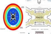 À esquerda, mapa divulgado com os setores destinados para compra de ingressos; à direita, mapa técnico da montagem do palco.