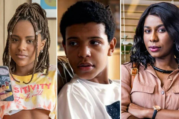 Imagem colorida de Isa (à esquerda), Theo (ao centro) e Laís (à direita), personagens da novela Travessia - Metrópoles