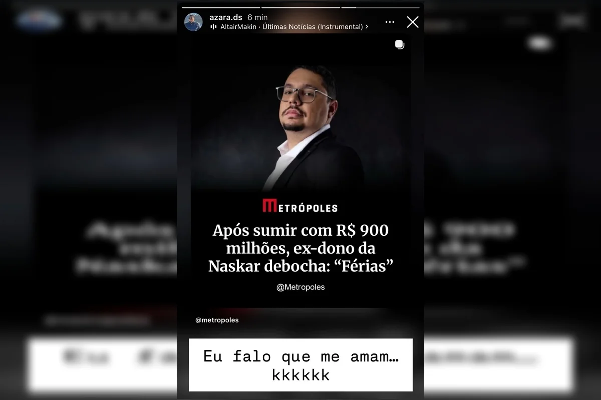 Em meio a críticas de investidores da Naskar, o empresário tem compartilhado notícias sobre si mesmo demonstrando fazer pouco caso da situação envolvendo a fintech Em meio a críticas de investidores da Naskar, o empresário tem compartilhado notícias sobre si mesmo demonstrando fazer pouco caso da situação envolvendo a fintech