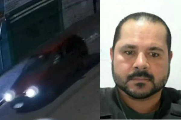 Montagem na qual a esquerda Imagem colorida de câmera de monitoramento, na qual carro vermelho trafega por rua, no período noturno