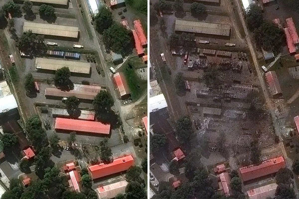 Montagem com fotos coloridas do Forte Tiuna, principal base militar da Venezuela, antes e depois dos ataques dos EUA - Metrópoles
