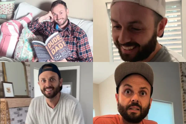 montagem colorida com 4 fotos de um pai descobrindo 4 gestações