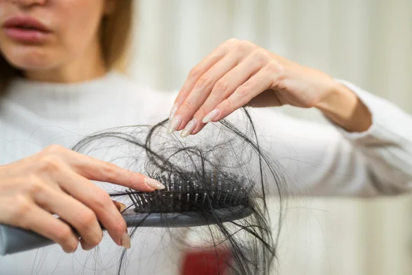 Foto colorida de mulher tirando cabelo de escova - Metrópoles