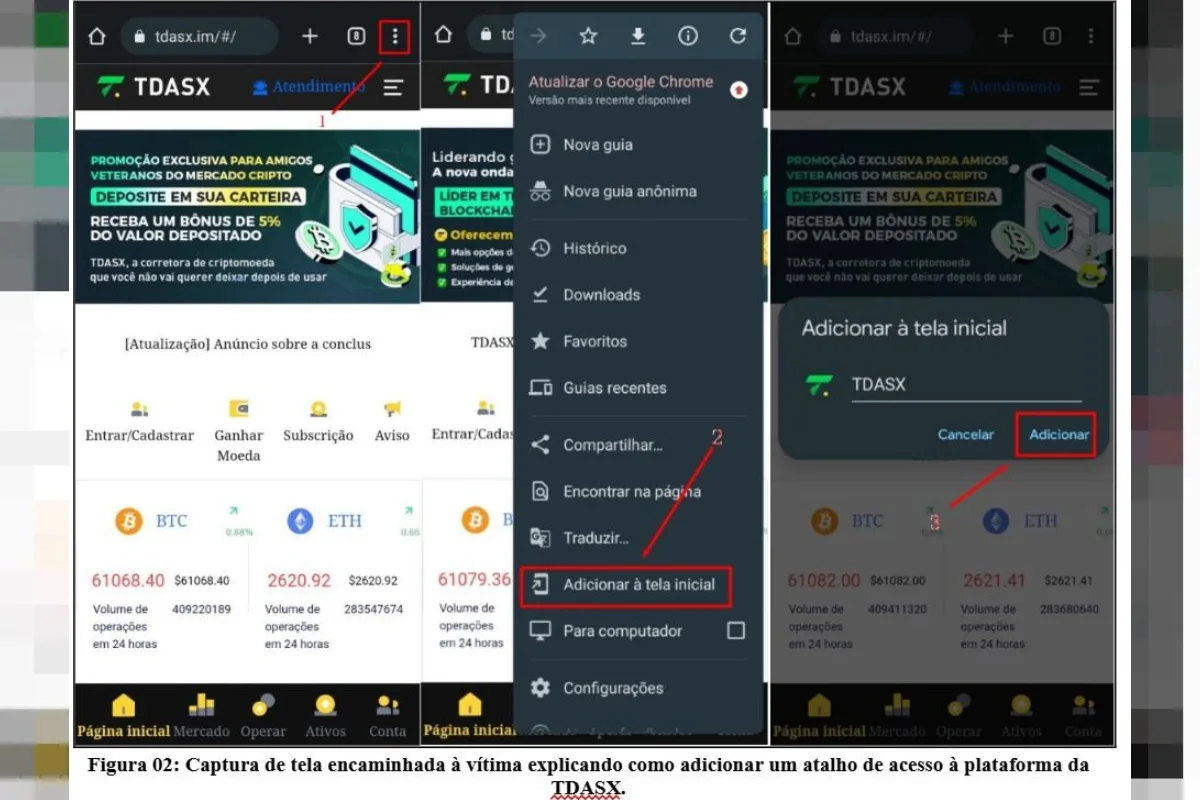 Captura de tela encaminhada à vítima explicando como adicionar um atalho de acesso à plataforma falsa de investimentos TDASX Captura de tela encaminhada à vítima explicando como adicionar um atalho de acesso à plataforma falsa de investimentos TDASX
