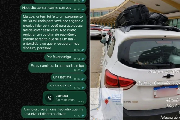 Imagem colorida mostra conversa com taxista acusado de golpe contra turista argentino. Metrópoles