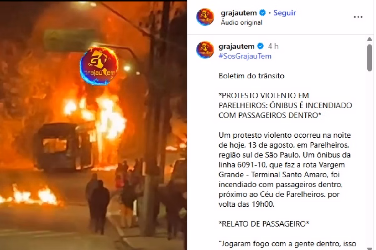 Ônibus da linha Vargem Grande - Terminal Santo Amaro, operado pela Viação Grajaú, foi incendiado