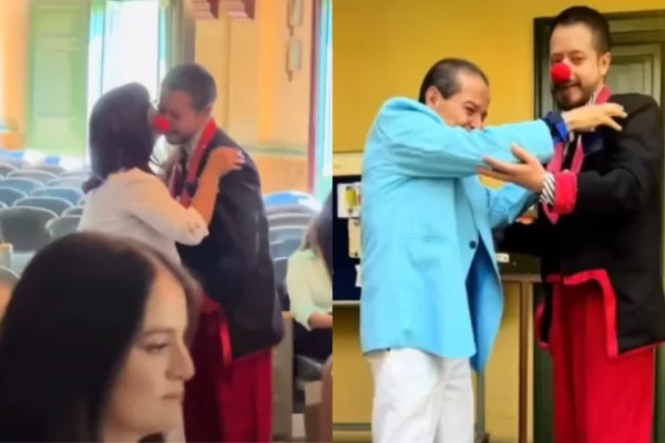 Jovem recebe diploma vestido de palhaço para homenagear o trabalho do pai