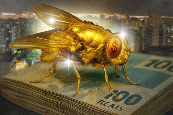 mosca dourada pousada sobre maço de dinheiro