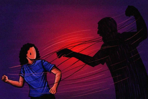 Ilustração de mulher fugindo de sombra de homem em fundo roxo e rosa