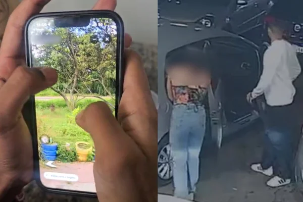 Tela de celular com imagem de terreno, esquerda. Direita reprodução de câmera de monitoramento - Metrópoles