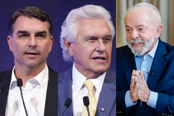 Montagem com fotos de Flávio Bolsonaro, Ronaldo Caiado e Lula feitas por Kebec Nogueira, Ricardo Stuckert e Luis Nova