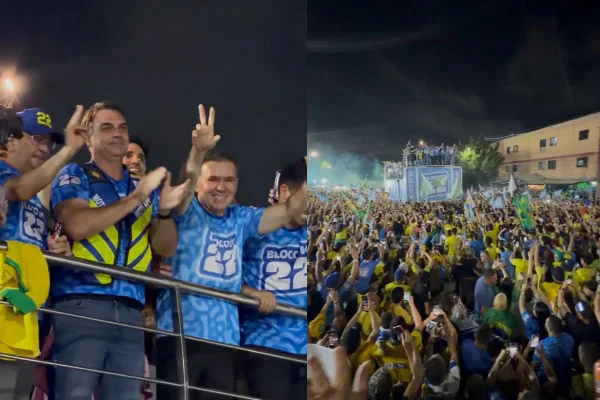 Montagem com fotos coloridas de comício de Flávio em Fortaleza - Metrópoles