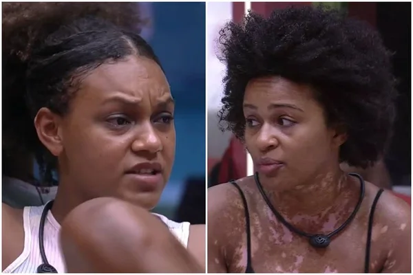 Em fotos justapostas, Jessilane e Natália, participantes do BBB22, discutem. Ambas são mulheres negras e com cabelo black power - Metrópoles