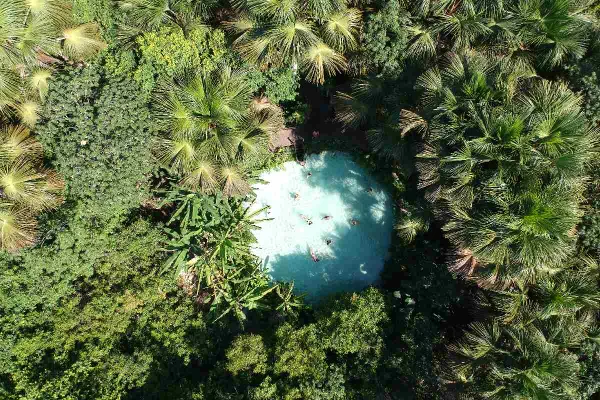foto aerea colorida mostrando uma área de mata verde com uma piscina natural no centro - Metrópoles