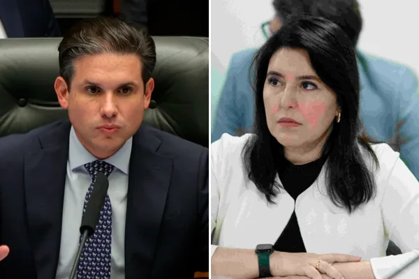 Montagem com as fotos de Hugo Motta e Simone Tebet