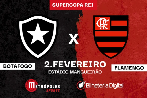 Arte colorida com os escudos de Botafogo e Flamengo para jogo da Supercopa Rei, do Metrópoles Sports - Metrópoles