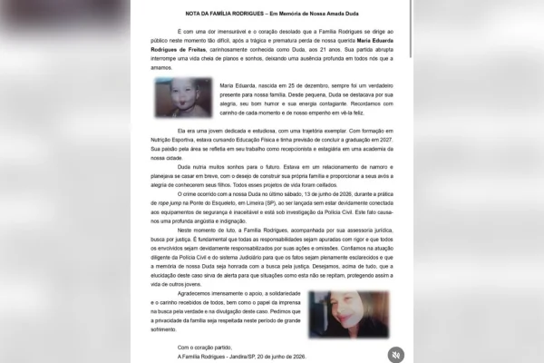 Jovem que morreu em salto de rope jump planejava casamento; leia carta - destaque galeria