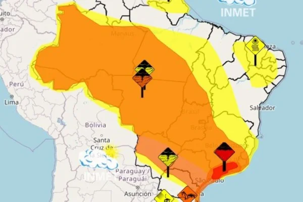 Imagem colorida de mapa do Inmet sinalizando estados em alerta para tempestades - Metrópoles