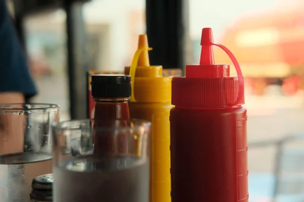 bisnagas de ketchup e mostarda em lanchonete