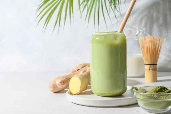 Foto de copo de matcha com gengibre ao lado - Metrópoles